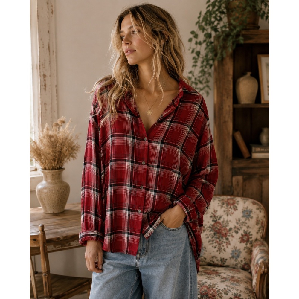 J. Jill Red Plaid Rayon Button Down Tunic Shirt Womens Size S Long Sleeve